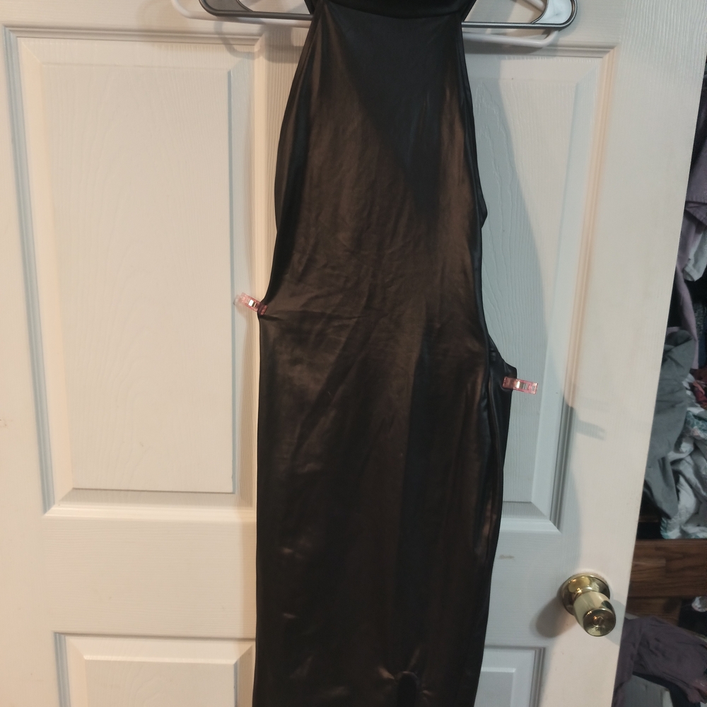Chic Black Faux Leather Backless Dress